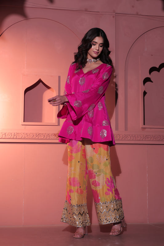 Pink Short Anarkali with Floral Pant
