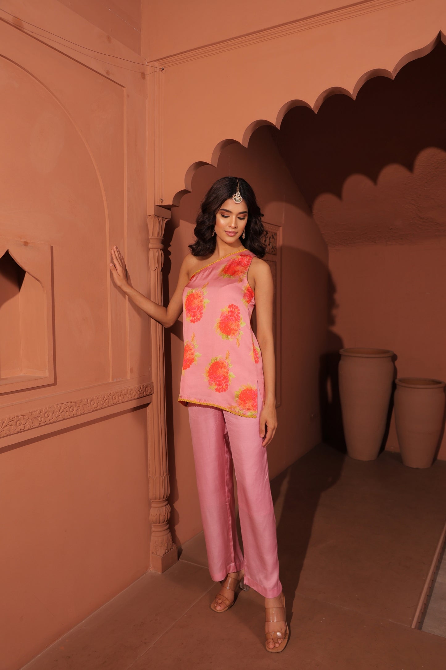 One Side Shoulder Floral Top Set
