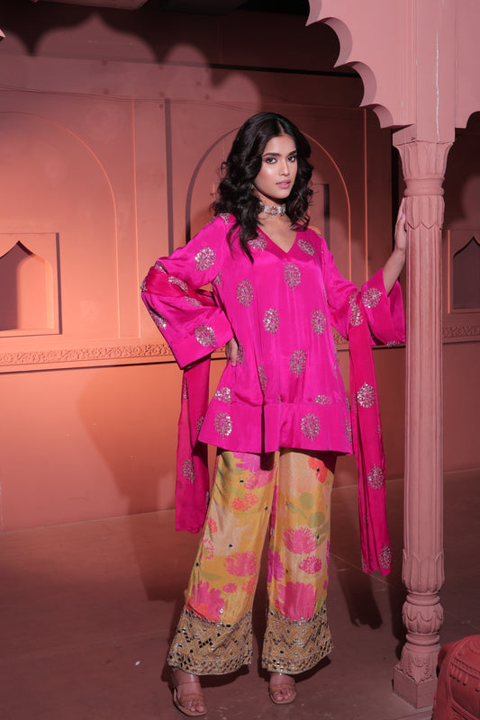 Pink Short Anarkali with Floral Pant