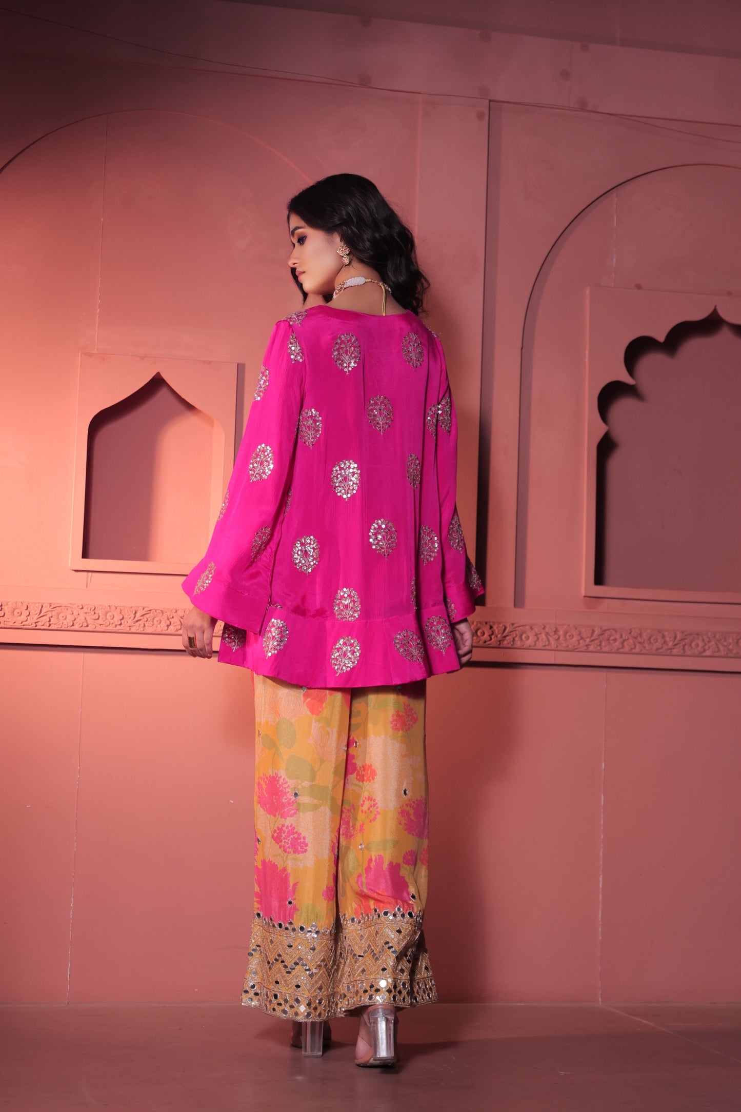 Pink Short Anarkali with Floral Pant