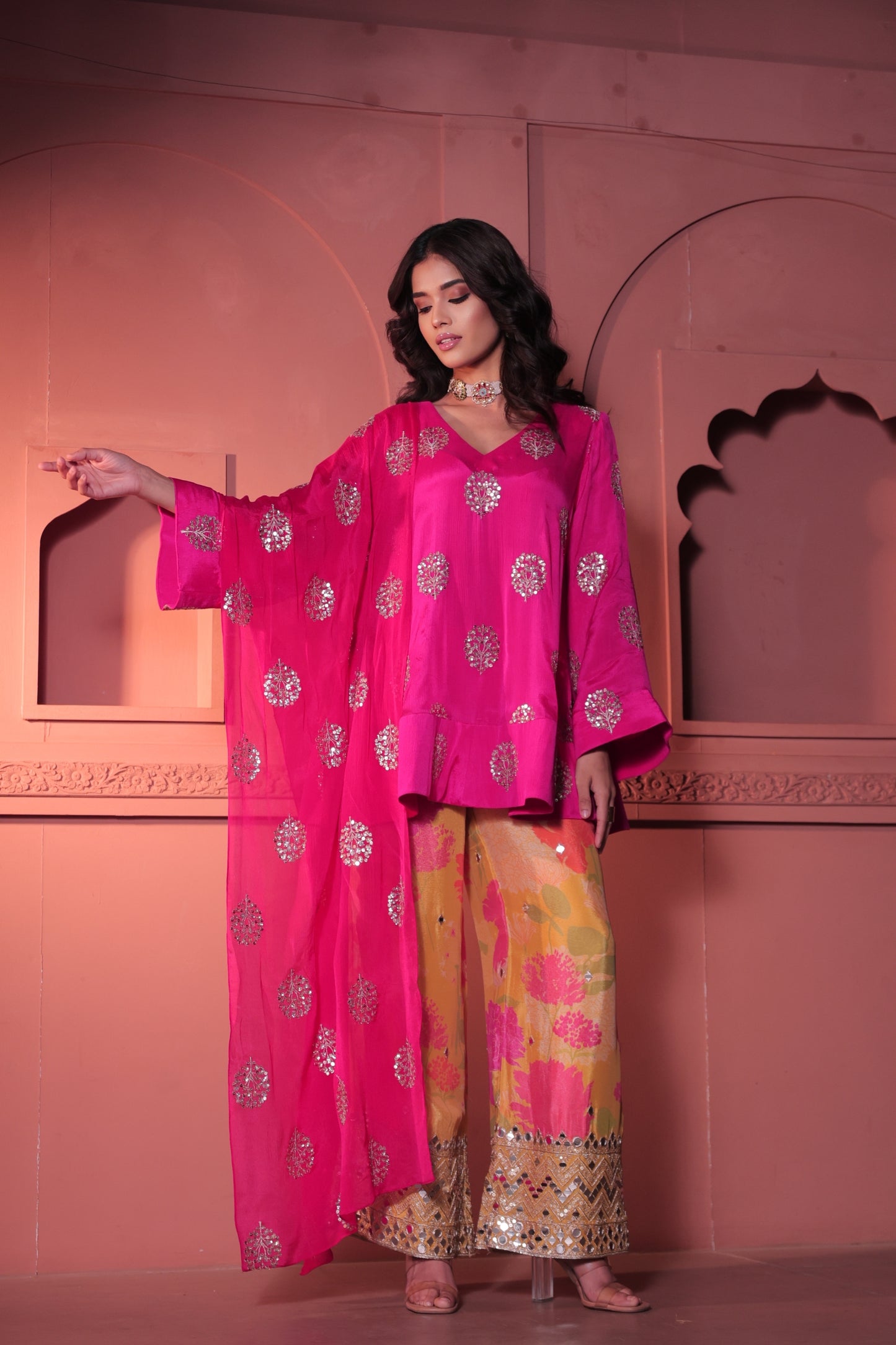 Pink Short Anarkali with Floral Pant