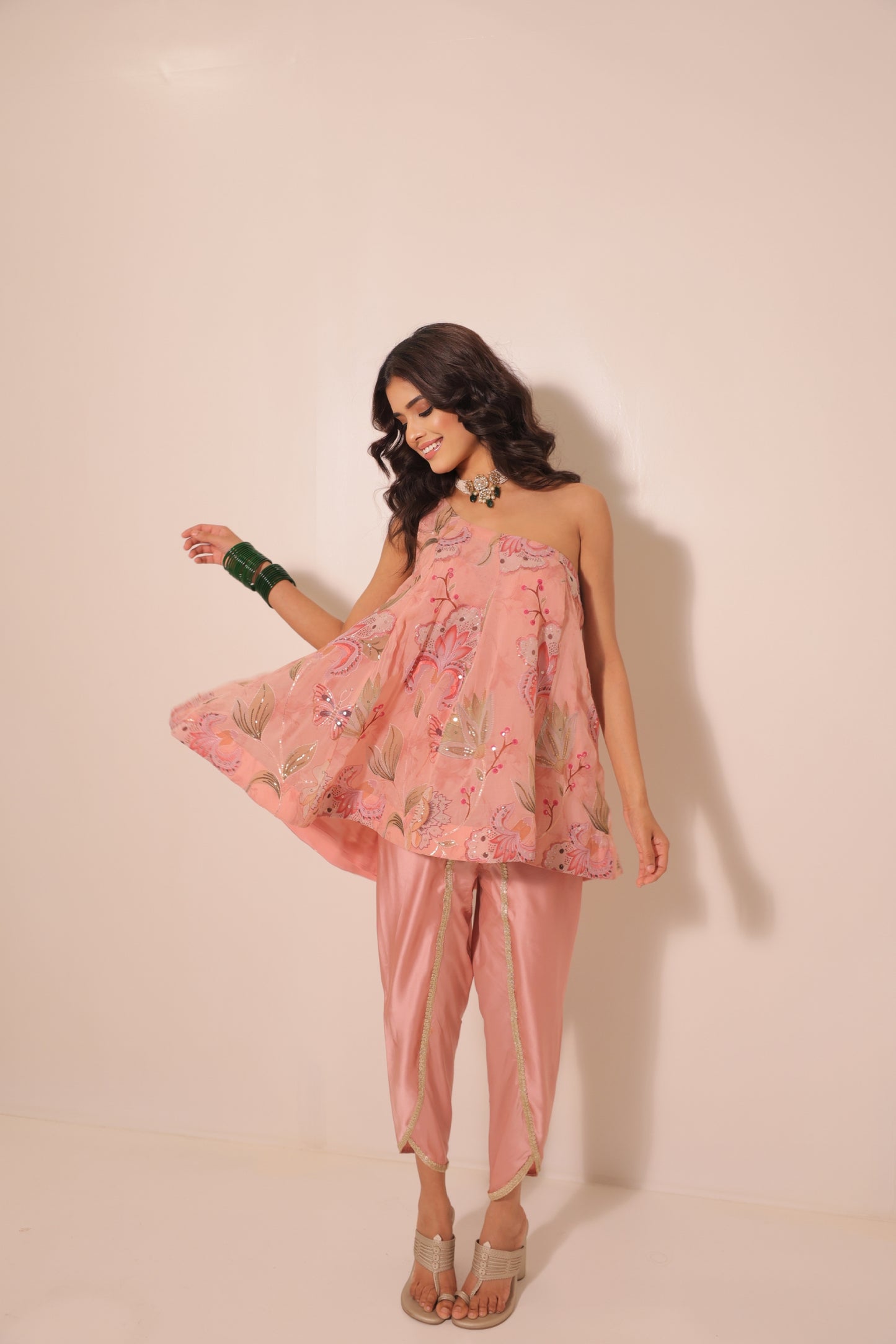 Pink floral one side shoulder set