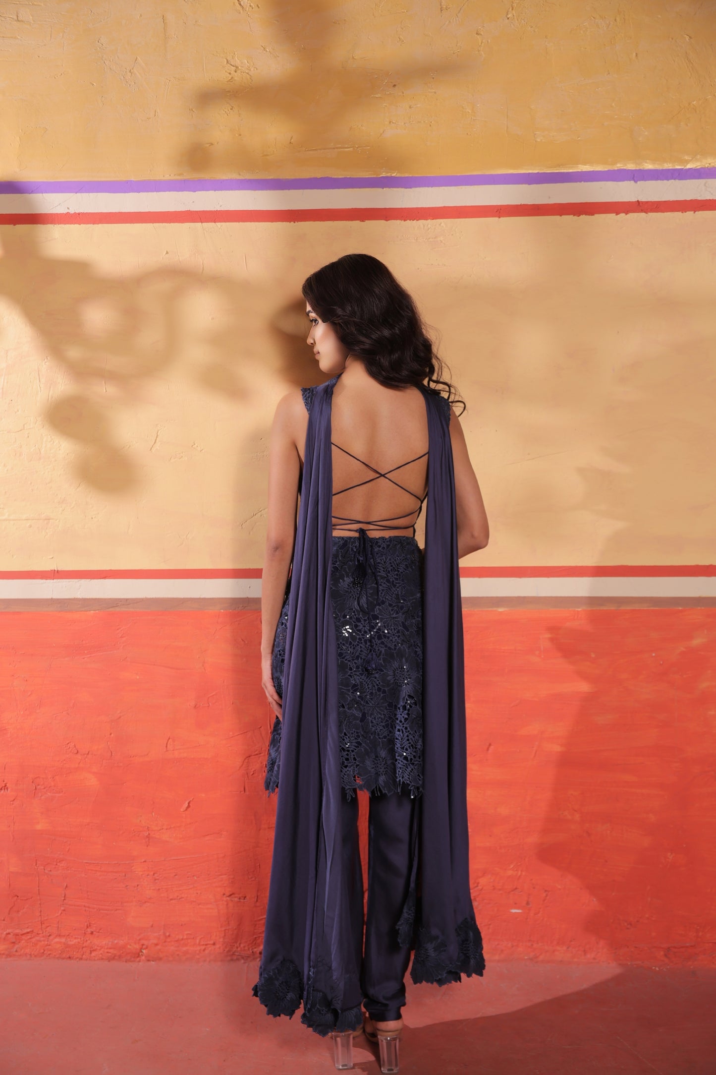 Blue Embroider Suit with Cut Work
