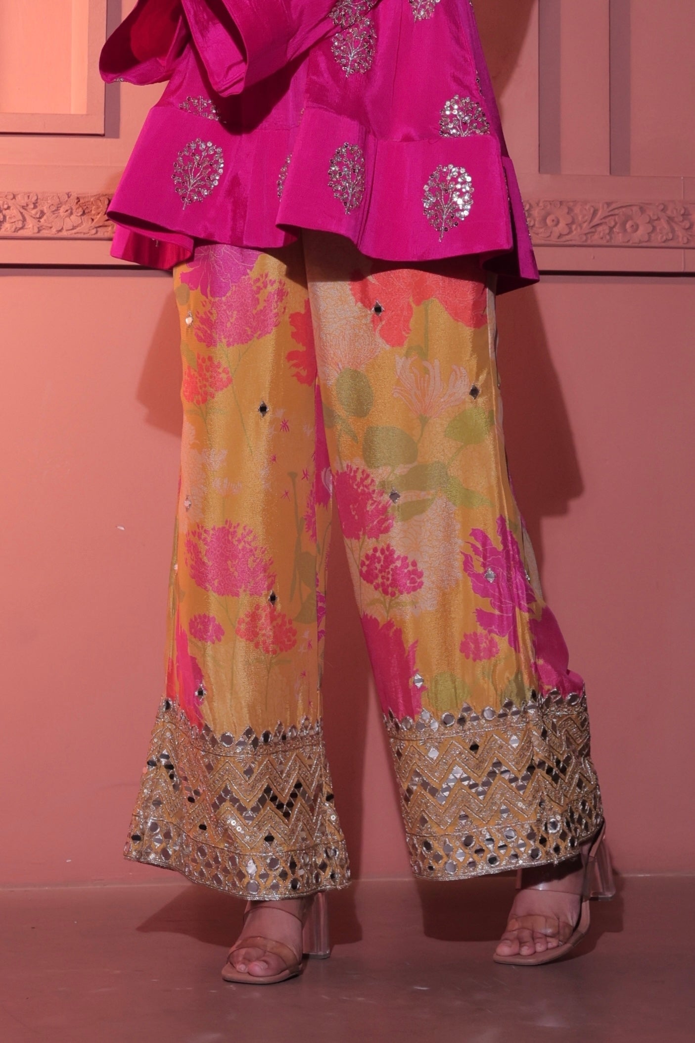 Pink Short Anarkali with Floral Pant
